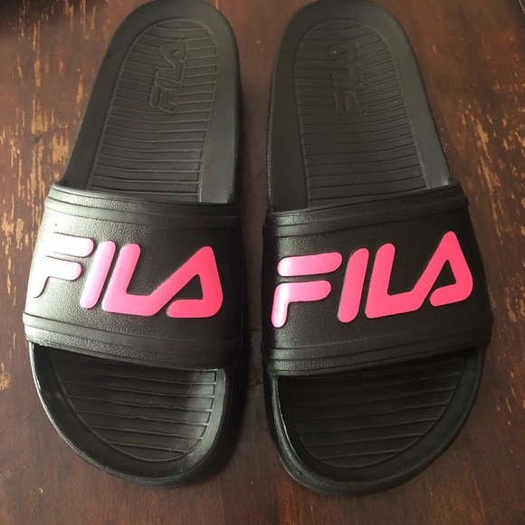 hot pink fila slides